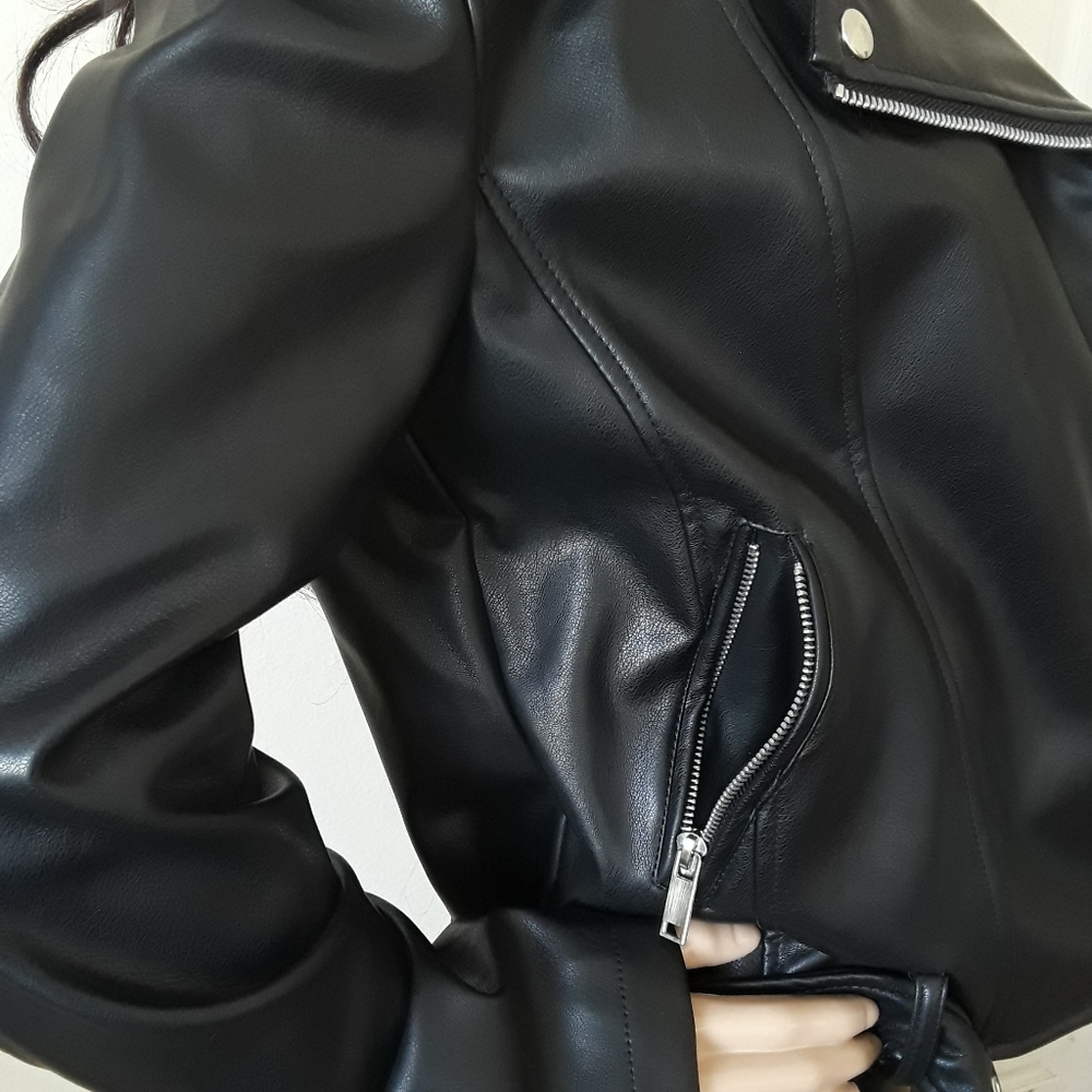 Black Leather Belted Hip Length Leather Jacket - Picture 6 of 10